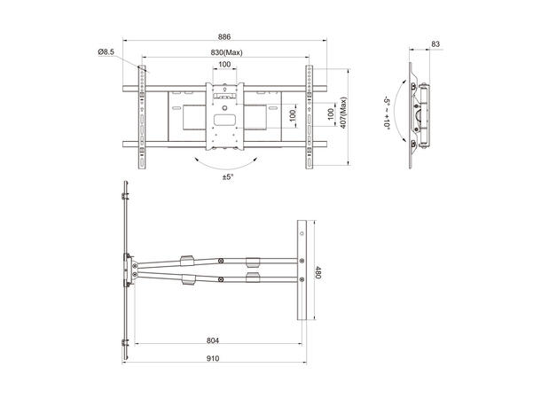 Multibrackets Veggfeste long reach HD Hvit, VESA 800x400, 60kg, 91cm, 50-90" 