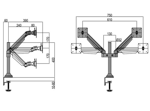 Multibrackets bordstativ gass arm dual Sort , VESA 75, 100, 20Kg, 15-32"