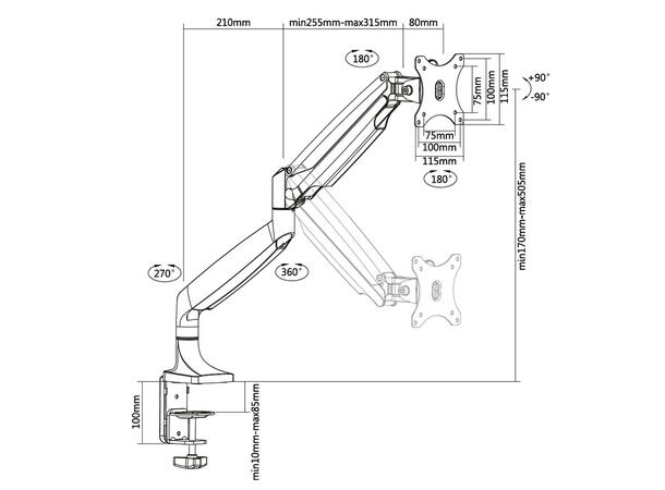 Multibrackets bordstativ gass arm single Sølv , VESA 75-100, 15-27", 9Kg 