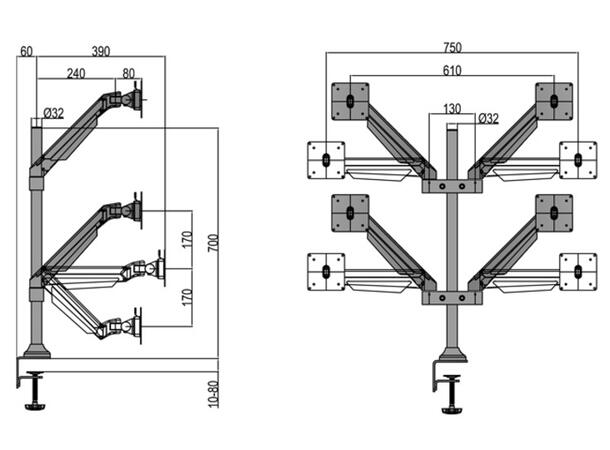 Multibrackets Bordstativ gassarm quad HD Svart, VESA 75, 100, 80Kg, 15-32" 