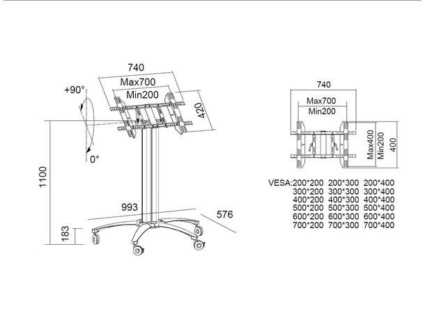 Multibrackets Gulvtralle 110 HD Sølv, 80Kg, 700x400, 32-55" 