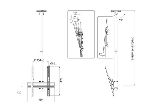 Multibrackets Pro takfeste, Portrett Svart, 400x600, 50 Kg, 58-155cm, 42-70"