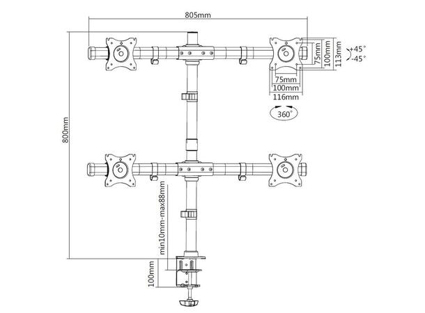 Multibrackets bordstativ Basic Quad Svart, 4 x 15"-27", 32kg, Vesa 75, 100 