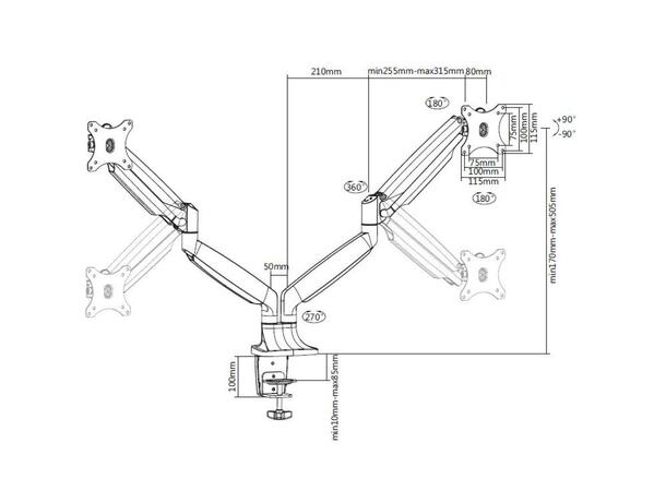 Multibrackets bordstativ gass arm dobbel Hvit , VESA 75-100, 9Kg,  15-27" 