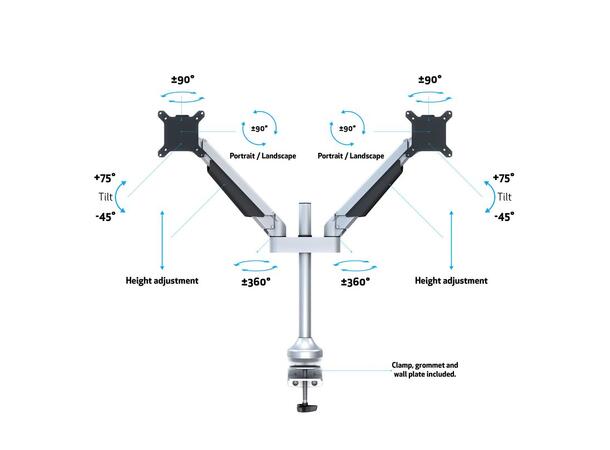 Multibrackets bordstativ gass arm dual Sølv , VESA 75, 100, 20Kg, 15-32" 