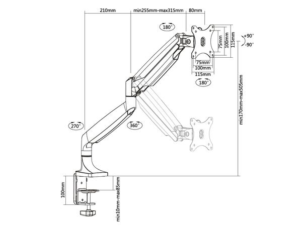 Multibrackets bordstativ gass arm single Svart, VESA 75-100, 15-27", 9Kg 