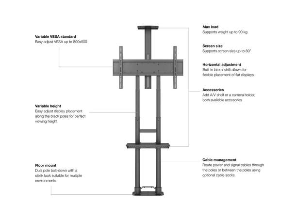 Multibrackets Gulvstativ Basic 180, bolt Svart, 90kg, 800x500, 55-80" 