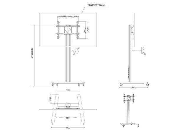 Multibrackets Gulvtralle Public 180 HD Sort, 800x500,  max 60kg, 