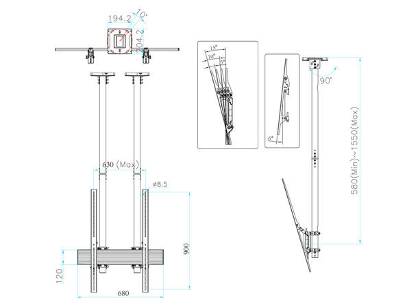 Multibrackets Pro takfeste B2B portrett Svart, 600x900,180 Kg, 155cm, 40-100" 