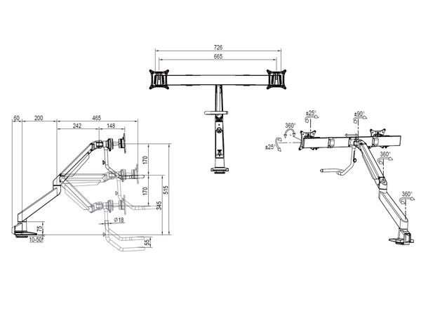 Multibrackets bordstativ gass arm single Svart, VESA 75-100, 14Kg, Duo Crossbar 2