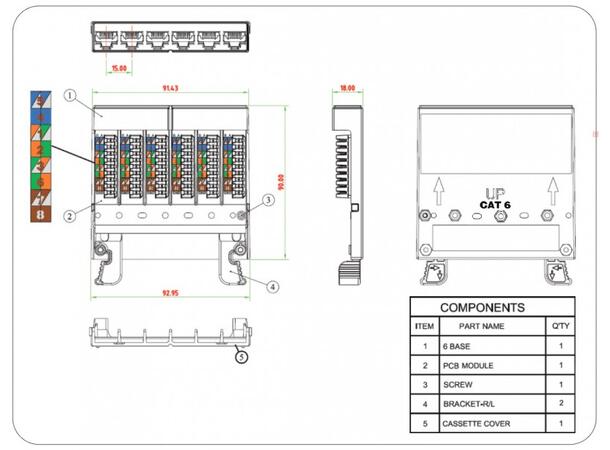 DINTEK ezi-kasett Cat.6A 6 port STP IDC terminering for Dintek ezi-panel