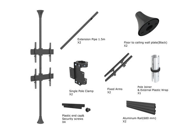 Multibrackets Gulv/tak feste dobbel Maks VESA 600x400, 30kg per skjerm, Sort 