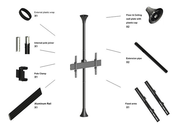 Multibrackets Gulv/tak feste enkel Maks VESA 600x400, 30kg per skjerm, Sort 
