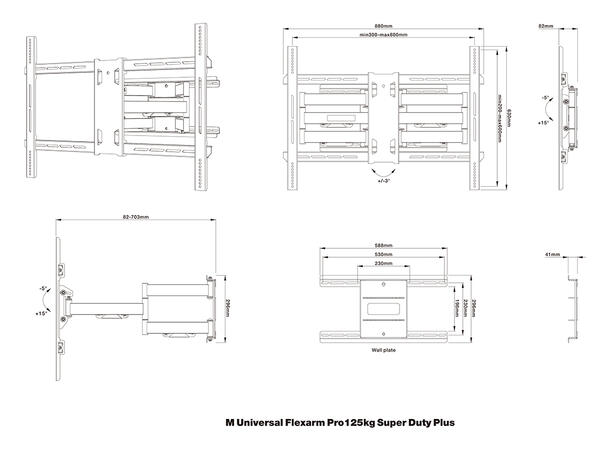 Multibrackets Veggfeste flexarm Pro 71cm Svart, 125Kg, 800x600, 55-110" 
