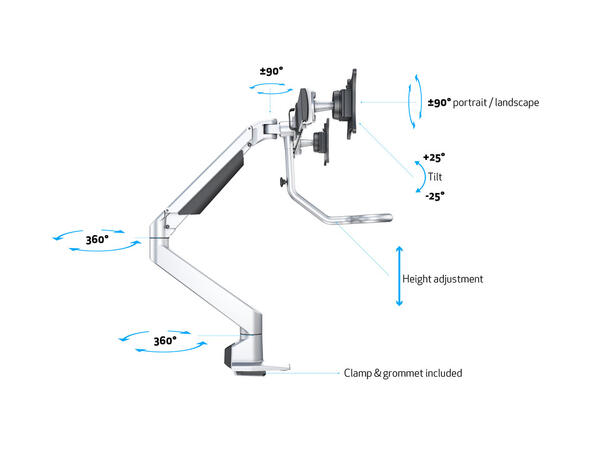 Multibrackets bordstativ gass arm single Sølv, VESA 75-100, 14Kg, Duo Crossbar 2 