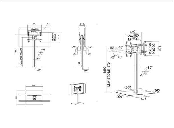 Multibrackets Gulvstativ 180 HD B2B Svart, 75Kg, 800x400, 55-80" 