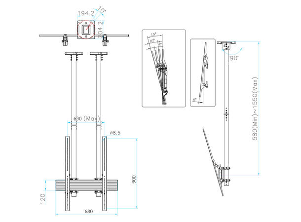 Multibrackets Pro takfeste, Portrett Svart, 600x900, 180 Kg, 58-155cm,40-100" 