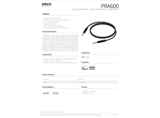 Procab Instrumentkabel CLA600/1,5 6,3mm jack han-han 26 AWG 1,5 m 