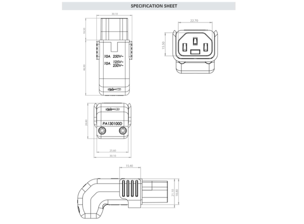 Strømplugg Vinklet ned,C13,hun IEC Lock+ Halogenfri,  250V/10A, LSZH 