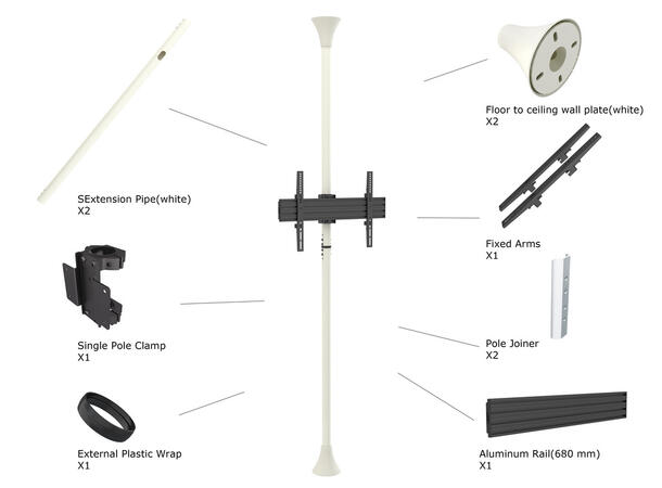 Multibrackets Gulv/tak feste enkel Maks VESA 600x400, 30kg per skjerm, Hvit 