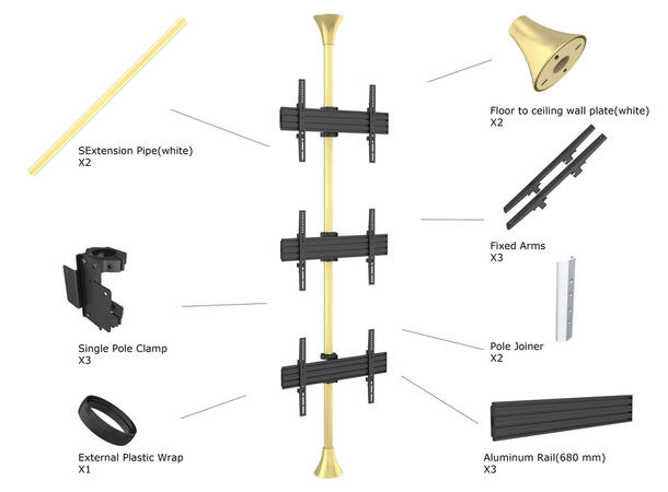 Multibrackets Gulv/tak feste trippel Maks VESA 600x400,30kg pr skjerm, Bronse 