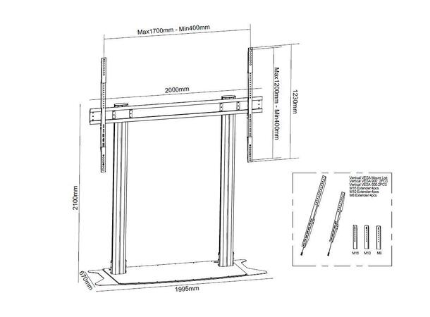 Multibrackets Gulvstativ 210 70-110" Sort, 150kg, Maks VESA 1700x1200 