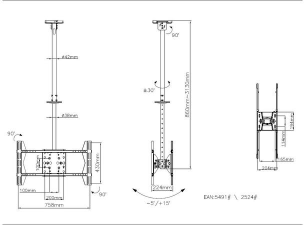 Multibrackets Takfeste Large B2B Sort, 55-70", 80 Kg, lengde 83-313cm 