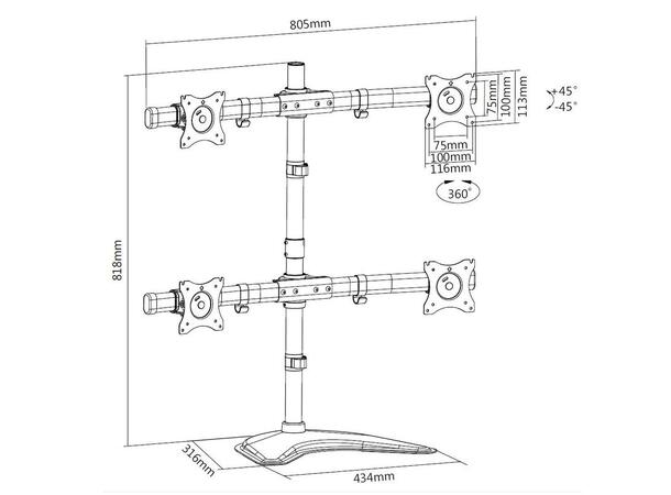 Multibrackets bordstativ Basic quad S Svart, 4 x 15"-27", 32kg, Vesa 75, 100 