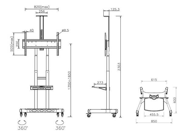 Multibrackets Gulvtralle Basic 180 Sort, 90kg, 800x500, 55-86", ink hylle 