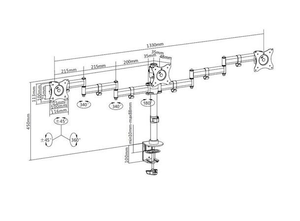 Multibrackets bordstativ Basic triple Svart, 3 x 15"-27", 24kg, Vesa 75, 100 