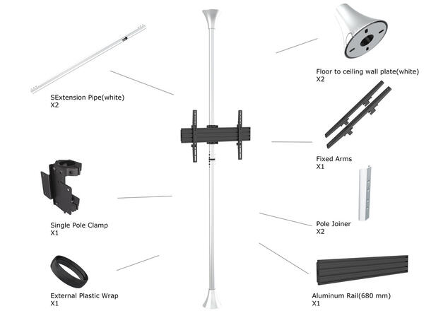 Multibrackets Gulv/tak feste enkel Maks VESA 600x400,30kg pr skjerm, Chrome 