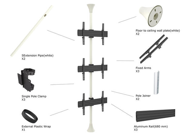 Multibrackets Gulv/tak feste trippel Maks VESA 600x400, 30kg per skjerm, Hvit 