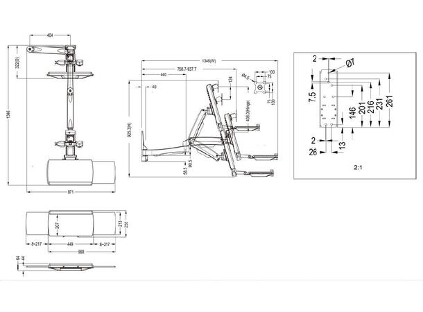 Multibrackets Single extended Workst. Hvit , VESA 75x75 100x100, maks 8,0Kg 