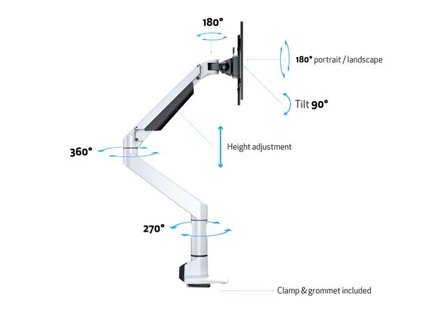 Multibrackets bordstativ gass arm XL Hvit ,Maks VESA 200x200, 10Kg, 15-38" 