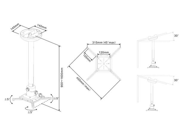 Multibrackets Projektor takfest 90-160cm Hvit, Maks 10Kg