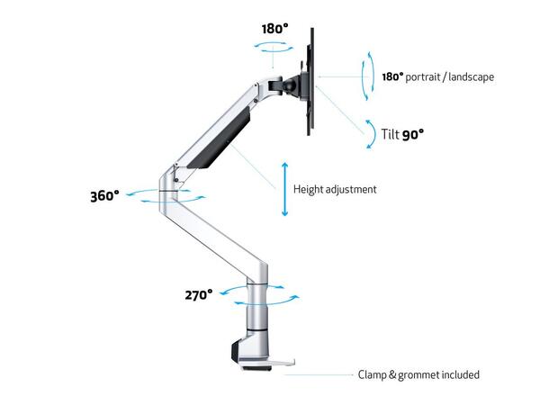 Multibrackets bordstativ gass arm XL HD Sølv ,Maks VESA 200x200, 21Kg, 15-49" 