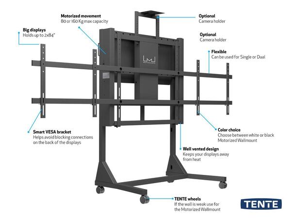 Multibrackets Gulvtralle dual motor 160Kg,50 cm høydejustering, 42-110",Sort 