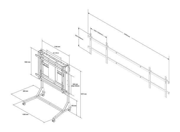 Multibrackets Gulvtralle dual motor 160Kg,50 cm høydejustering, 42-110",Sort 