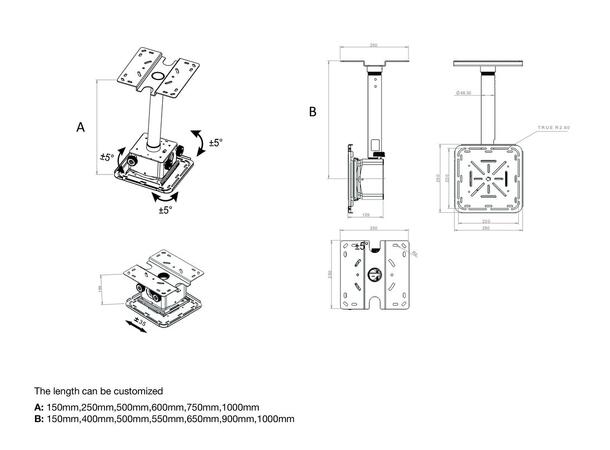 Multibrackets Projektor takfeste PRO HD 150-1000mm, maks 40Kg, Hvit 