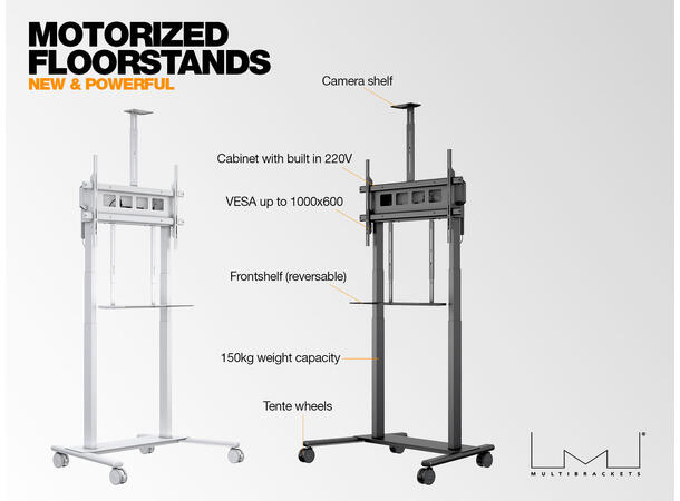 Multibrackets Tralle motor floorstand XL Svart, 1000x600, 150kg, 42-100" 