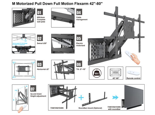 Multibrackets Veggfeste Pulldown motor Maks VESA 800x500, 45 Kg, 42-80" 
