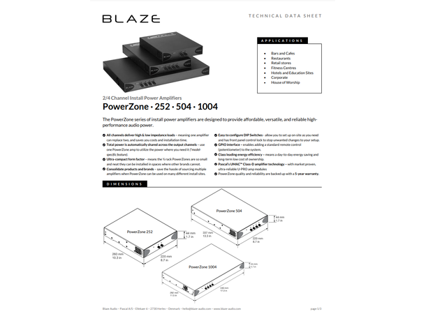 Blaze Audio PowerZone 1004 4x250W 4-8 Ohm 4x250W 100V 16 Ohm