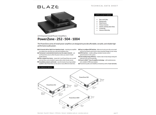 Blaze Audio PowerZone 1004 4x250W 4-8 Ohm 4x250W 100V 16 Ohm 