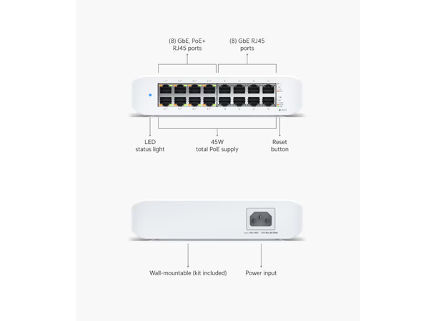 Ubiquiti Unifi Switch Lite 16 PoE 16xRJ45(8x802.3Aaf/at PoE/PoE+), 45W 