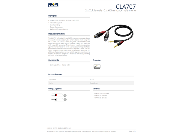 Procab Interconnect CLA707/1.5 Sort 2 x XLR FM - 2x 6.3mm Jack M Mono 1.5m