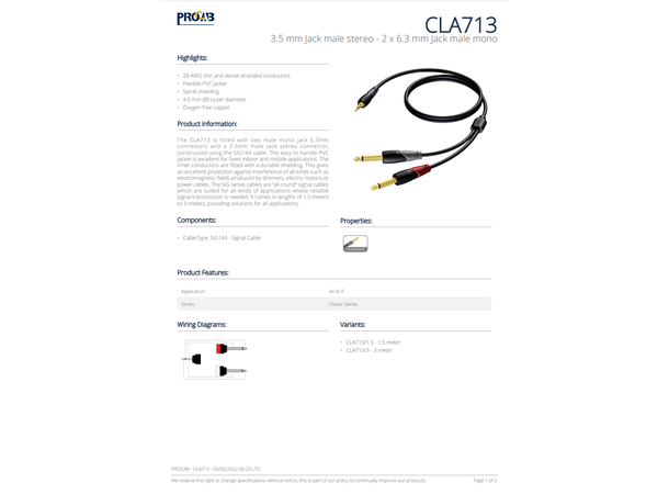 Procab Interconnect CLA713/1,5 Sort 3,5mm Stereo - 2 x Jack 6,3mm Mono 1,5m