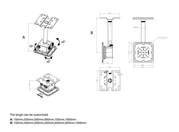 Multibrackets Projektor takfeste PRO HD 150-1000mm, maks 40Kg, svart 
