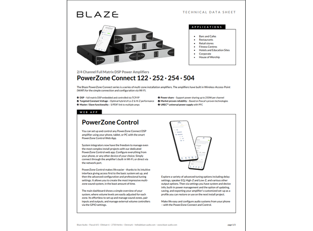 Blaze Audio PowerZone Connect 504 EU 4x125W 4-8 Ohm 2x250w 100V 16 Ohm
