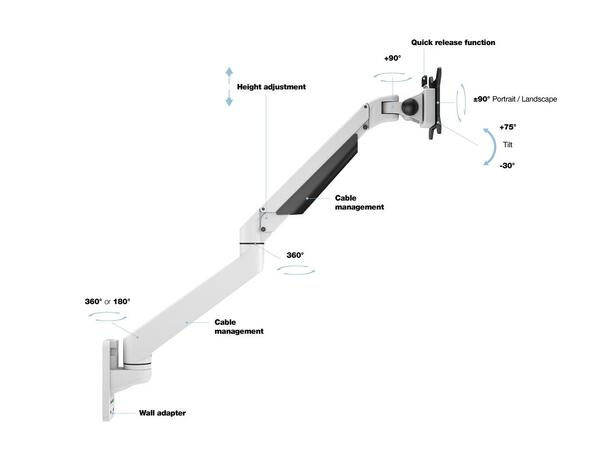 Multibrackets vegg gass arm single Hvit , VESA 75x75 100x100, 10Kg, 15-32" 