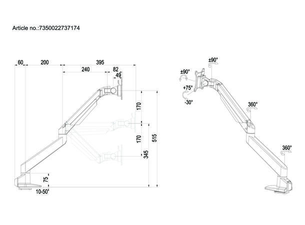Multibrackets vegg gass arm single Hvit , VESA 75x75 100x100, 10Kg, 15-32" 